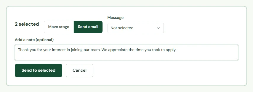 Send email to two selected candidates using the Not selected template and a personal note