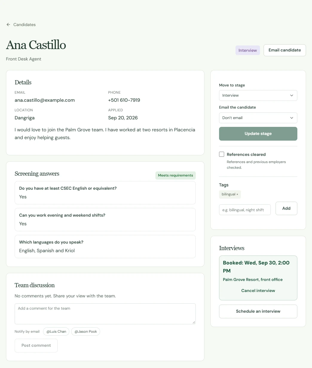 A candidate record with contact details, screening answers, stage, tags, team discussion and an interview