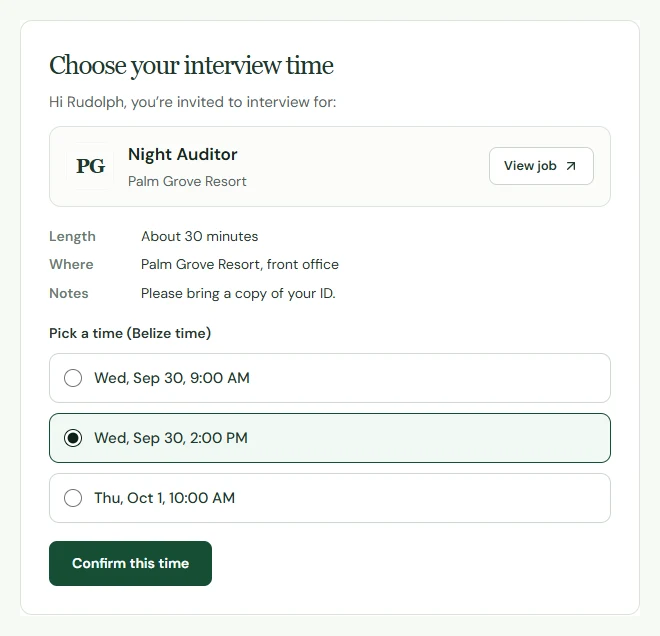 The candidate’s page for choosing one of the offered interview times