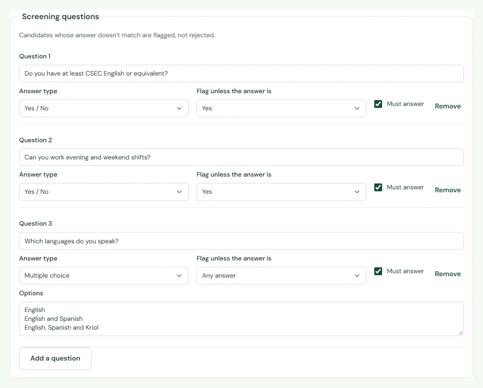 Screening questions on a job: yes or no, multiple choice and short answer, each with an optional required answer