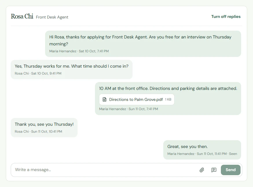 A conversation with a candidate about an interview, with an attached PDF of directions and a Seen marker on the last message