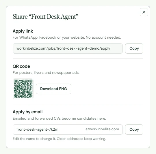 Sharing a job: an apply link, a QR code for posters and an apply email address