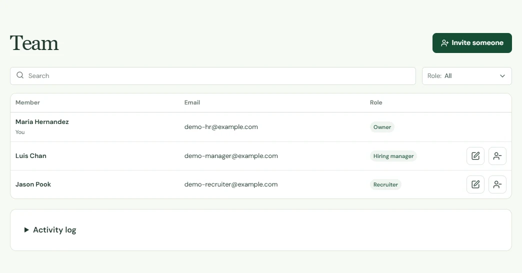 The team page with an owner, a recruiter and a hiring manager, role controls and an Invite someone button