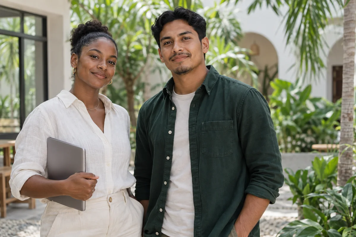 Two professionals in a sunlit tropical courtyard